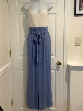NWT REVAMPED White/Blue Gauzy Paper Bag Waist Coastal Beachy Summer Jumpsuit S